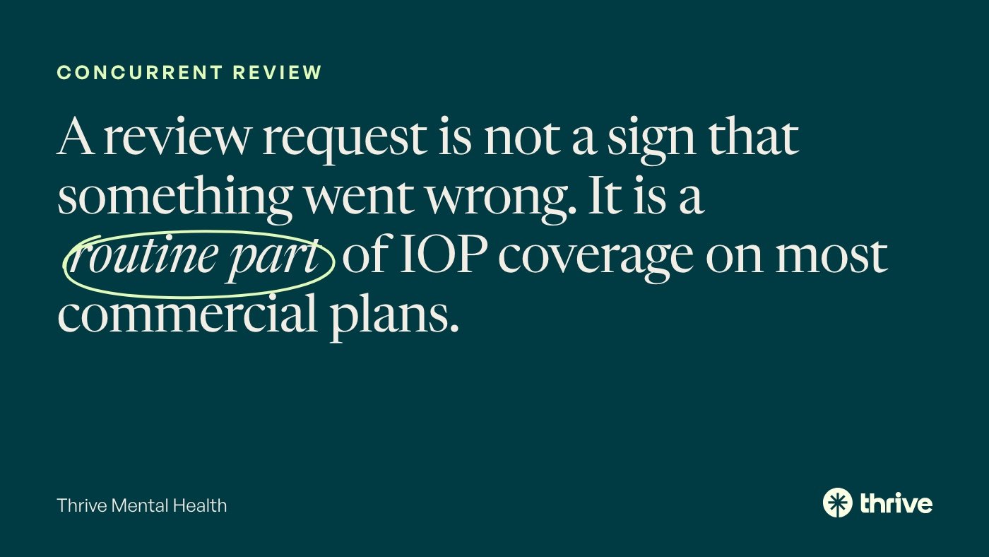 Prior Authorization for Mental Health IOP in Indiana: A Step by Step Guide 3 Concurrent review: A review request is not a sign that something went wrong. It is a routine part of IOP coverage on most commercial plans. Thrive Mental Health.